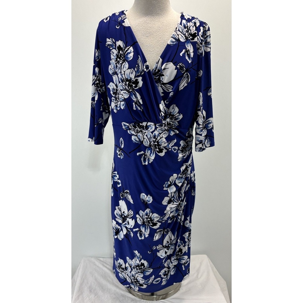 Lauren Ralph Lauren Floral Faux Wrap Dress Womens 14W Jersey 3/4 Sleeves Stretch